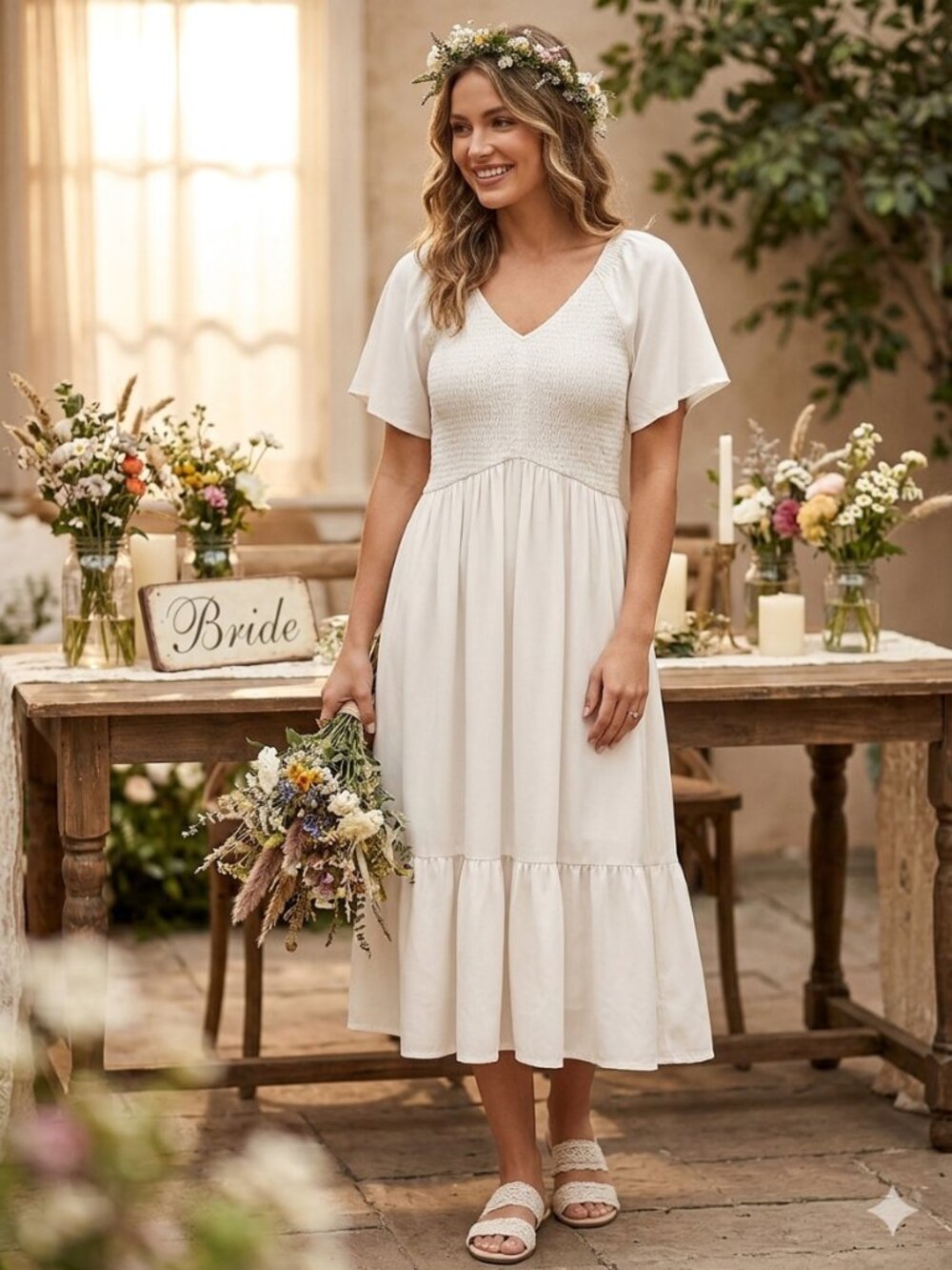 Women's Ivory Midi Smocked Bodice Dress